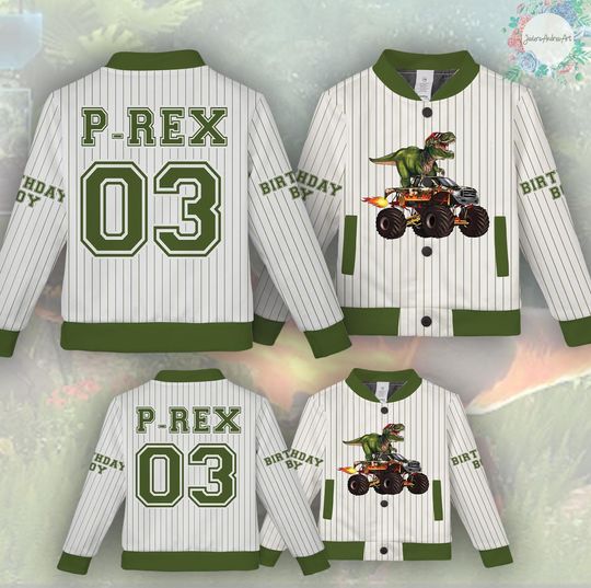 Discover Dinosaur Monster Truck Birthday Jacket, Personalized T-Rex Party Tee for Kids & Family Jacket.