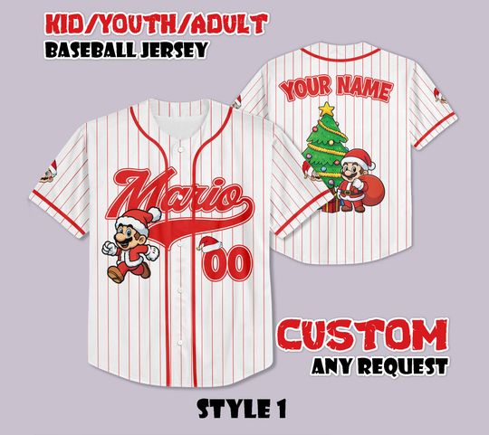 Custom Super Mario Santa Christmas Baseball Jersey, Personalized Nintendo Super Mario Jersey, Super Mario Christmas Party, Christmas Gifts