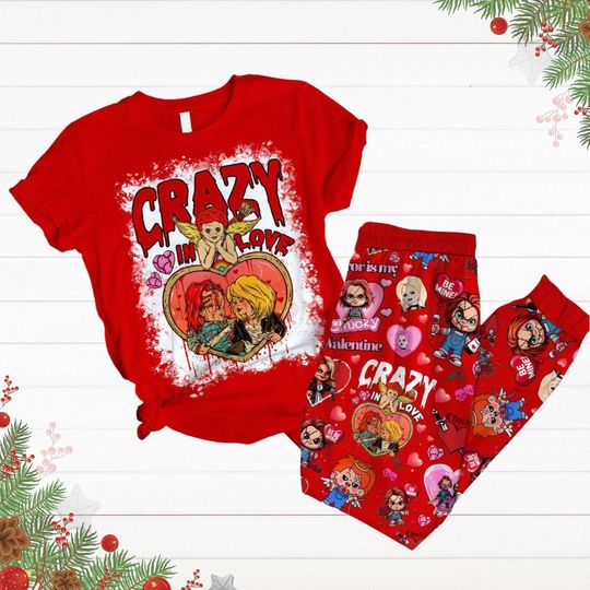Valentine Chucky And Tiffany Pajamas Set, Chucky And Bride Shirt, Horror Movie Holiday Pajamas, Valentines Day Gift, Anniversary Gifts