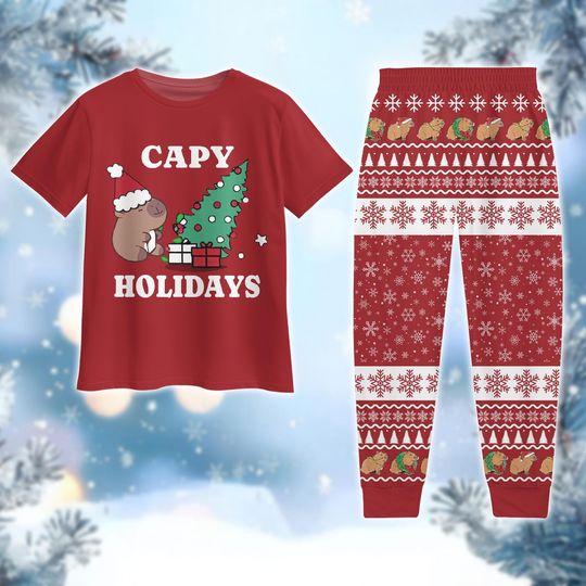 Capybara Christmas Pajamas Set, Capy Holiday Pajamas, Capybara Mouse Xmas Pjs, Cute Animal Christmas Shirt, Pajamas For Party