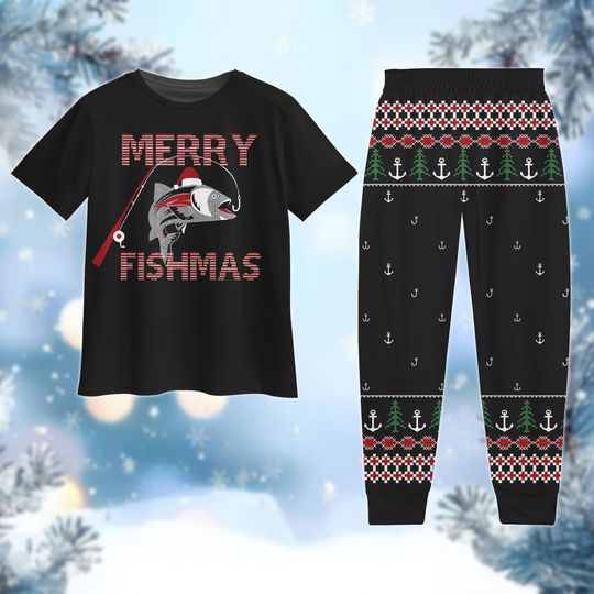 Merry Fishmas Pajamas Set, Christmas Fish Pajamas Pants, Santa Hat Fish Tshirt, Ocean Sea Holiday Pajamas, Pjs For Party, Winter Gift