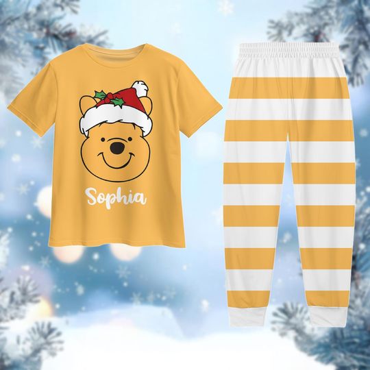 Discover Christmas Pooh Pajamas Set, Custom Winnie The Pooh Holiday Pajamas, Santa Hat Pooh Bear Pjs, Disney Cartoon Movie Pj Set Pants