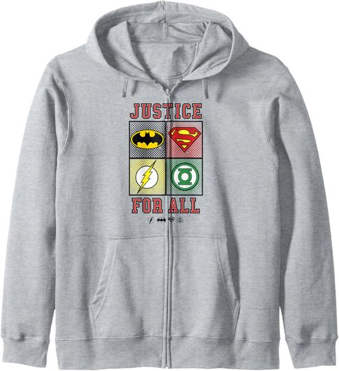 DC Comics Justice League Justice For All Chest Emblems Logo Zip Hoodie, Gift For Fans