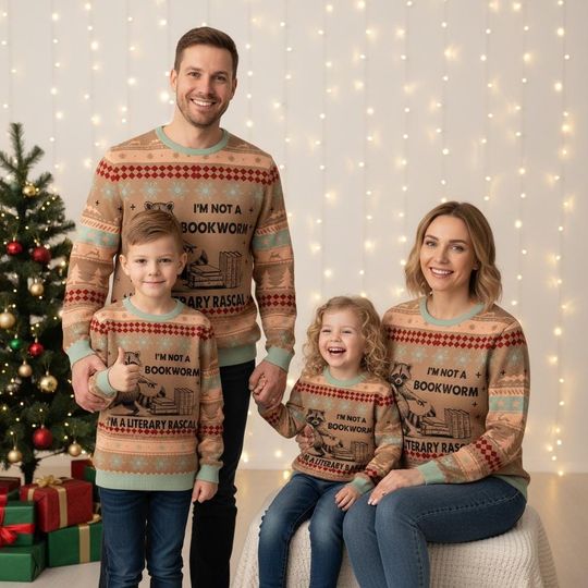 Discover Literary Raccoon Christmas Ugly Sweater, Bookworm Holiday Sweater, Animal Christmas Sweater For Men And Women, Novelty Xmas Gift