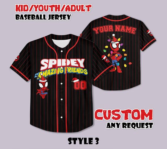 Discover Custom Spidey Christmas Baseball Jersey, Personalized Disney Spidey Xmas Jersey, Spider-Man Fan Gift, Superhero Shirt, Christmas Gift