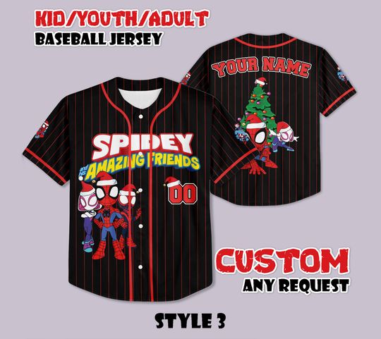 Discover Custom Spidey And His Amazing Friends Christmas Baseball Jersey, Personalized Spider Verse Xmas Jersey, Spider-Man Fan Gift, Christmas Gift