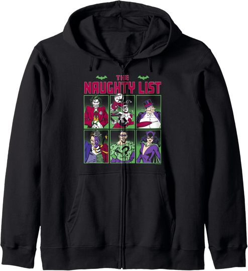 Discover DC Comics Christmas Naughty List Character Panels Zip Hoodie