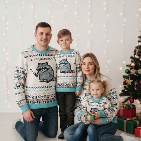 Discover Raccoon Christmas Ugly Sweater, Book Lover Holiday Sweater, Funny Christmas Sweater For Men And Women, Winter Reading Gift