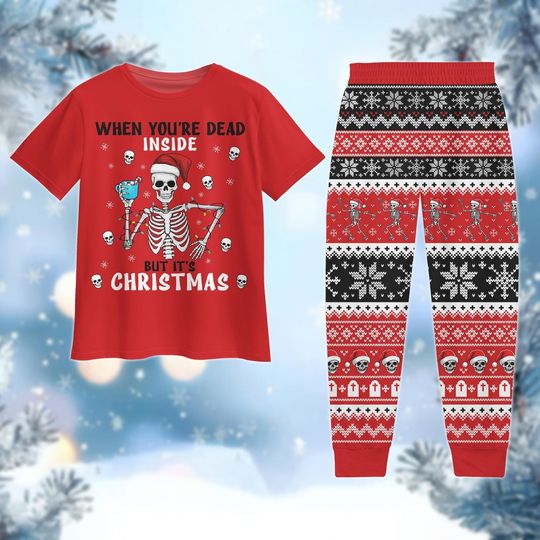 Skeleton Christmas Pajamas Set, Funny Skeleton Dancing Holiday Pajamas, Santa Hat Skull Christmas Shirt, Xmas Lights Pjs, Pajamas For Party