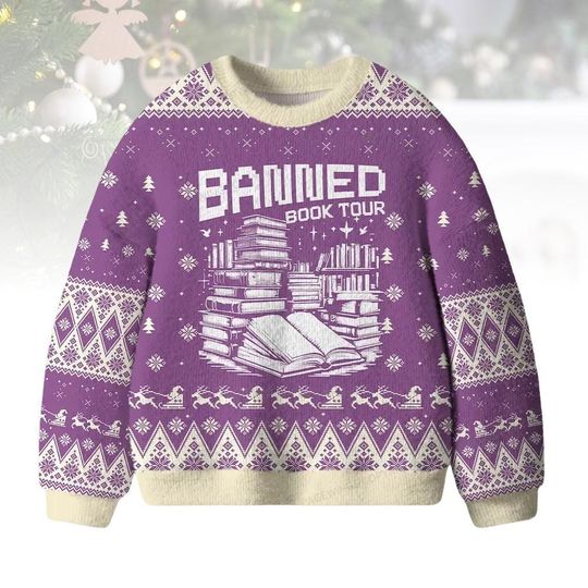 Discover Banned Book Tour Christmas Ugly Sweater, Book Lover Reading Holiday Sweater, Librarian Book Stack Sweater For Men And Women, Christmas