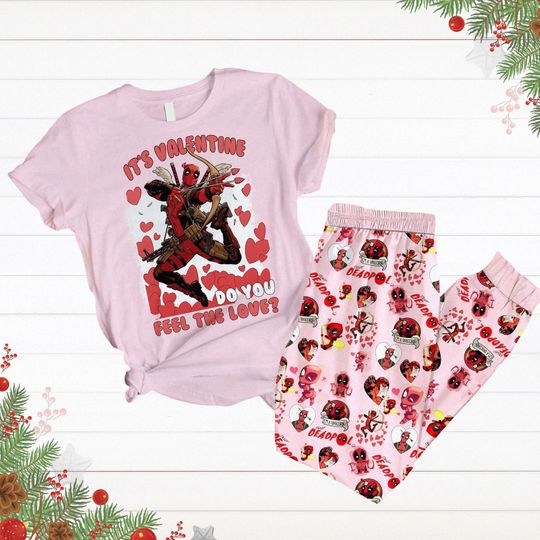 Deadpool Valentine Pajamas Set, Deadpool Cupid Holiday Pajamas, Superhero Holiday Pajamas, Valentines Day Gift, Honeymoon Shirt