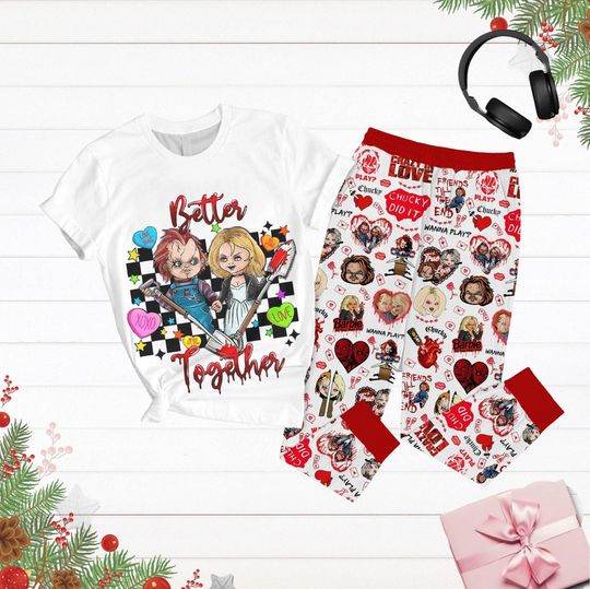 Chucky And Tiffany Pajamas Set, Chucky And Bride Valentine Shirt, Horror Characters Pajamas Pants, Valentines Day Gift, Pajamas Pants