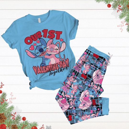 Discover Stitch And Angel Pajamas Set, Valentines Day Pajamas, Disney Honeymoon Shirt, Anniversary Gifts, Couples Outfits, Pajamas For Party