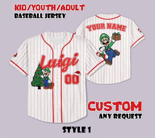 Custom Luigi Super Mario Christmas Baseball Jersey, Nintendo Super Mario Shirt, Personalized Luigi Super Mario Jersey, Christmas Gifts