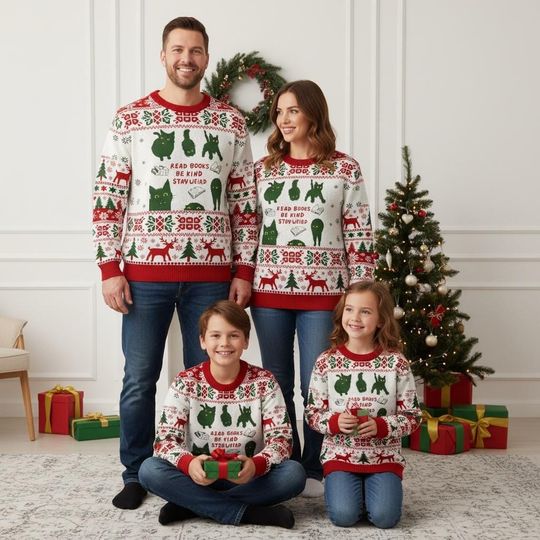 Discover Cat Christmas Ugly Sweater, Reading Holiday Sweater, Animal Xmas Sweater