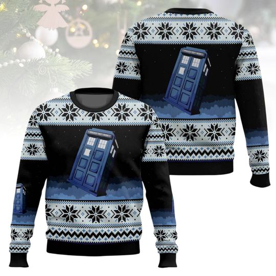 Doctor Who Christmas Ugly Sweater, Tardis Holiday Sweater, Sci-Fi Christmas Sweater