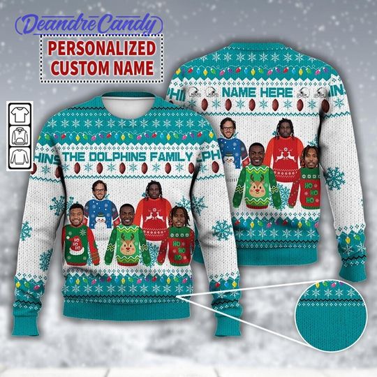 Custom Name Miami Football Christmas Ugly Sweater, Dolphins Family Shirt, Mike McDaniel Tyreek Hill Funny Merry Xmas Gift Hoodie