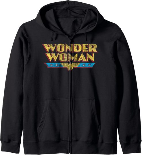 DC Comics Wonder Woman Vintage Distressed Logo Zip Hoodie, Gift For Fans