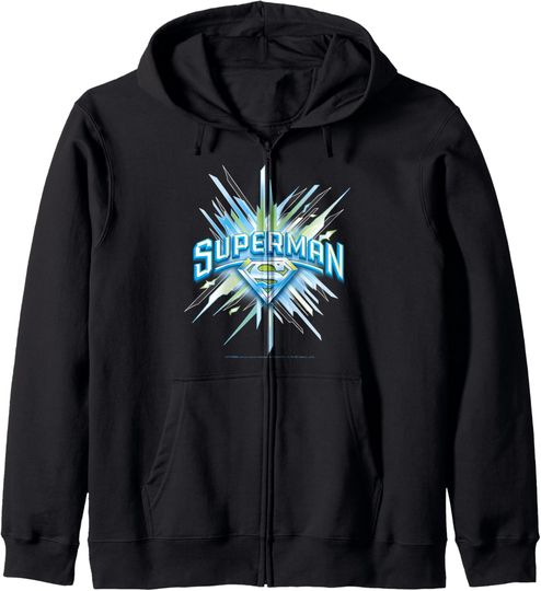 DC Comics Superman Crystal Chest Text Logo Zip Hoodie, Gift For Fans