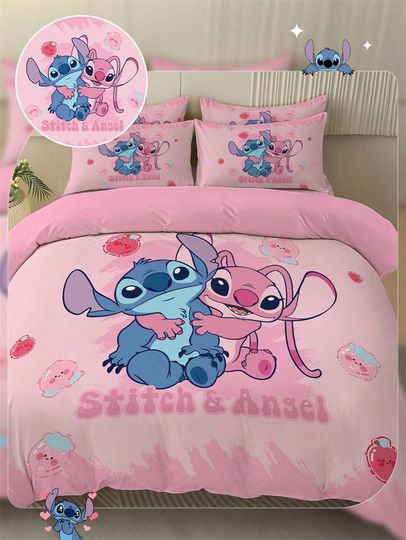 Discover 2/3pcs Stitch Duvet Cover Set Pink Bedding Skin-Friendly and Comfortable Cartoon Style Comforter Cover Set Decor