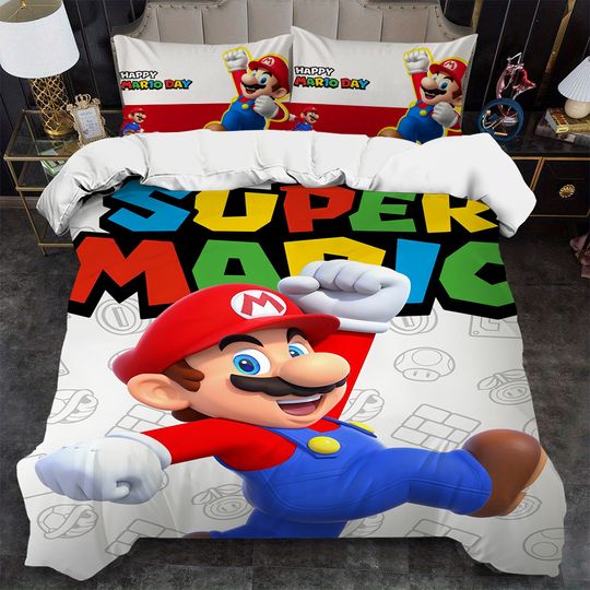 Discover Cartoon Duvet Cover Set Home Style Bedding Soft Laundry Cotton Bed 3 Piece Set S-Super M-MarioS Four Seasons Student Dormitory