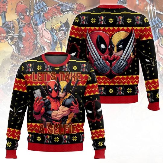 Deadpool Wolverine Ugly Sweater, Let's Take A Selfie Christmas Sweater, Wolverine Ugly Sweater