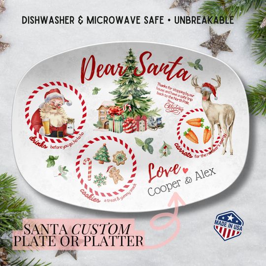 Personalized Santa Plate Christmas Platter Kid Christmas Eve Treat Board Santa Cookie Plate Custom Family Name Plate Santa Tray Made in USA