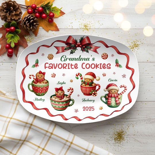 Discover Grandmas Favorite Cookies Plate, Personalized Gingerbread Christmas Plate with Grandkids Names, Custom Grandma Gift, Holiday Christmas Gift