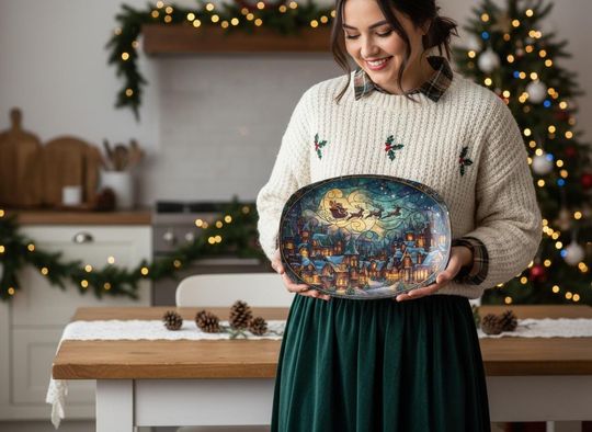 Discover Santas Sleigh Over the Village  Stained Glass Style Unbreakable Christmas Platter