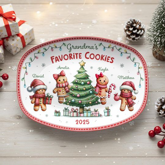 Custom Grandma's Favorite Cookies Plate, Personalized Gingerbread Christmas Plate, Grandkids Names, Grandma Gift, Christmas Gifts