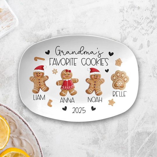 Discover Personalized Grandma's Favorite Cookies Plate Christmas Gift, Custom Name Gingerbread Christmas Plate, Family Platter, Grandma Mama Plate