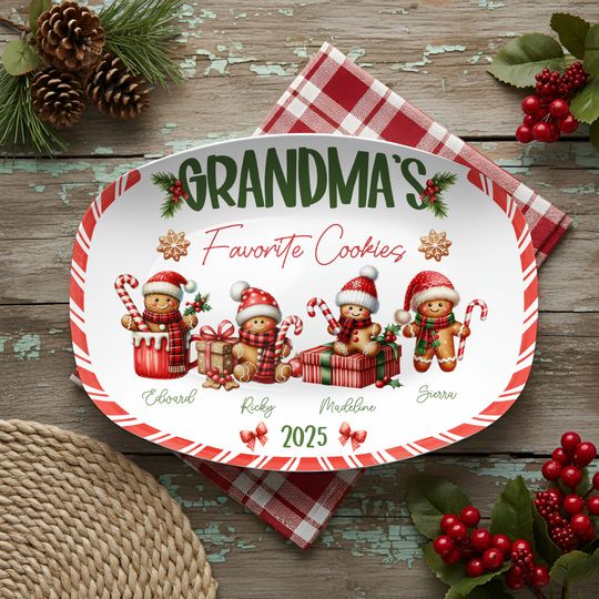 Grandmas Favorite Cookies Plate, Personalized Gingerbread Christmas Plate with Grandkids Names, Custom Grandma Gift, Holiday Christmas Gift