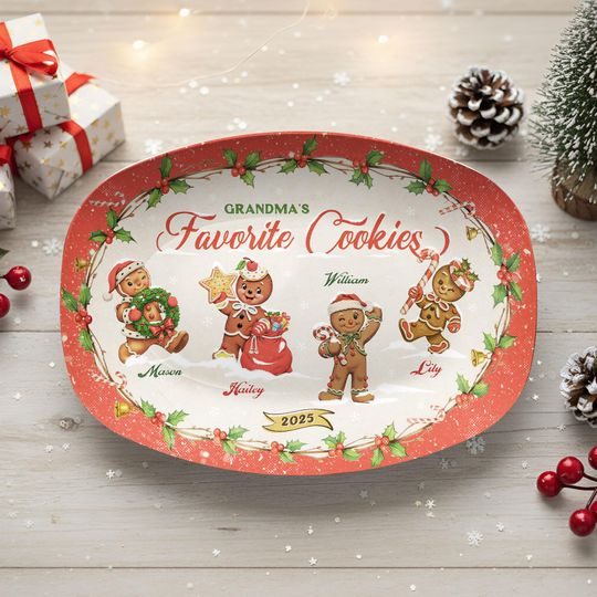 Custom Grandma's Favorite Cookies Plate, Personalized Gingerbread Christmas Plate, Grandkids Names, Grandma Gift, Christmas Gifts