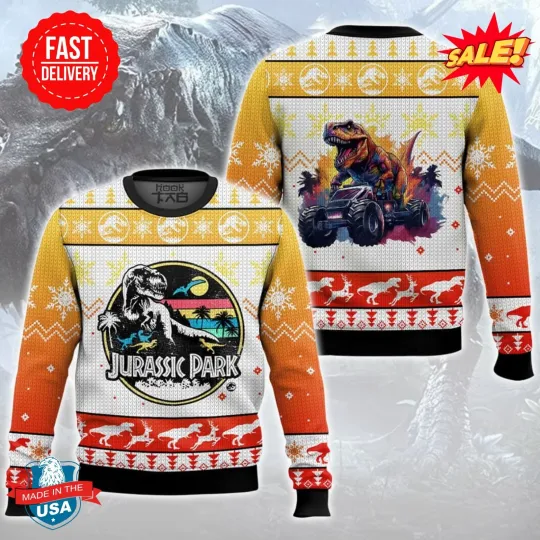 Retro T-rex Jurassic Park Ugly Christmas Sweater