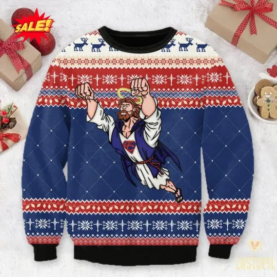 Super Jesus Christmas Ugly Sweater Jesus Saves