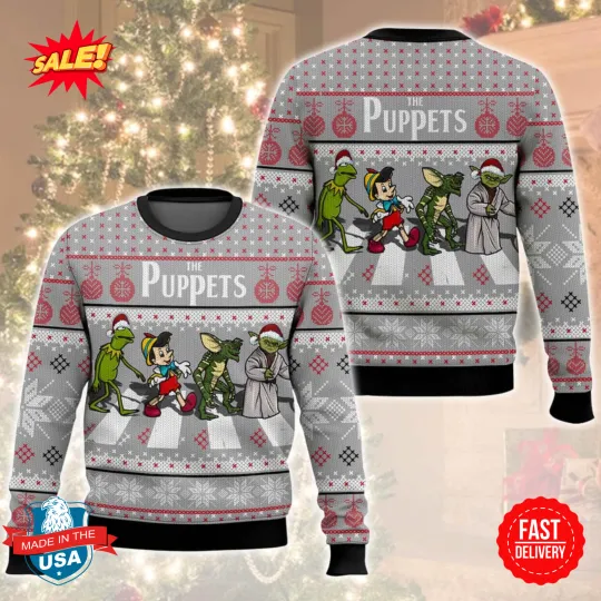 Discover The Puppets, Kermit, Yoda, Pinocchio, and Gremlins Christmas Ugly Sweater
