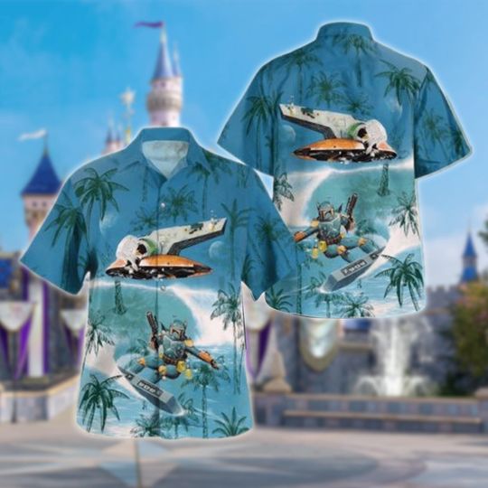 Boba Fett Hawaiian Shirt, The Mandalorian Surfing Hawaii Shirt, Boba Fett All Over Print, Star Wars Button Up, Birthday Gift For Family