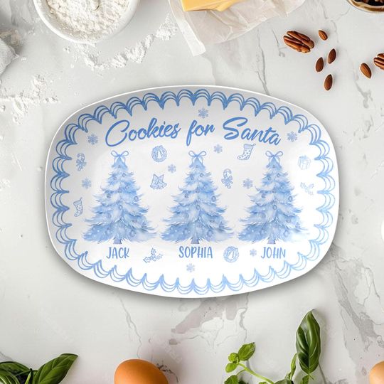 Discover Personalized Christmas Toile de Jouy Plate Gift, Custom Name Cookies For Santa Plate, Best Christmas Platter Gift For Grandma Nana