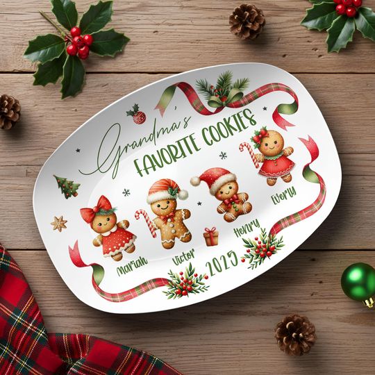 Grandmas Favorite Cookies Plate, Personalized Gingerbread Christmas Plate with Grandkids Names, Custom Grandma Gift, Holiday Christmas Gift