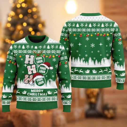 Custom Ho Ho Ho Logo Ugly Christmas Sweater, Personalized Company Logo Xmas Sweatshirt, Custom Photo Image Christmas Gift For Men Women
