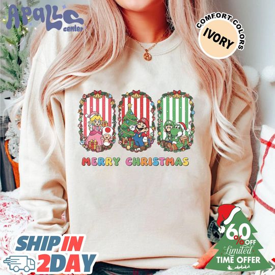 Super Mario Merry Christmas Shirt, Funny Gamer Xmas Shirt, Matching Family Group Holiday Outfit, Christmas Squad Party Top