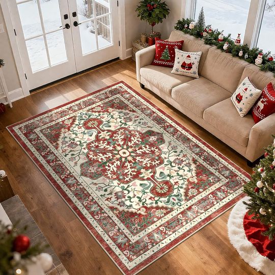 Discover U'Artlines Red Christmas Area Rug 5x7 Boho Washable Soft Winter Holiday Carpet for Living Room Bedroom Dining Room Office Indoor Rugs for Xmas Decor