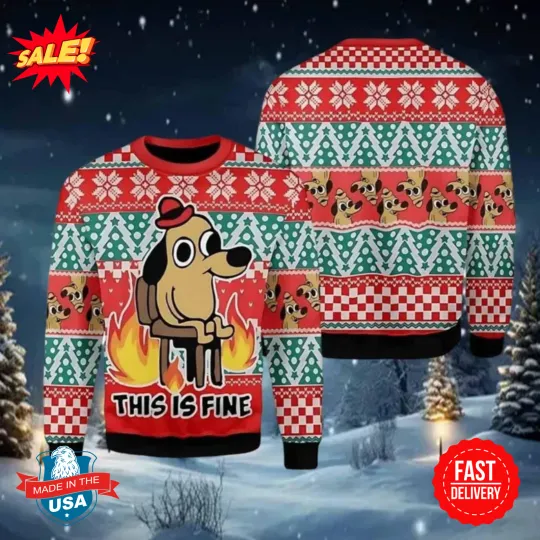 Discover This Is Fine Meme Ugly Christmas Sweater, Funny Dog Meme Sweater