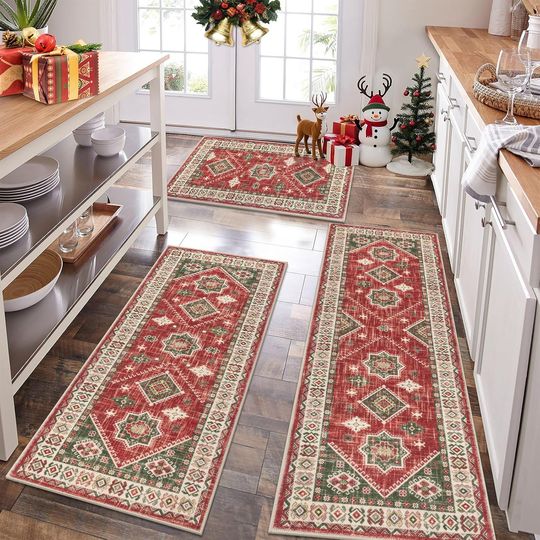 HEBE Christmas Kitchen Rugs Sets of 3, Non Slip Christmas Rug for Kitchen