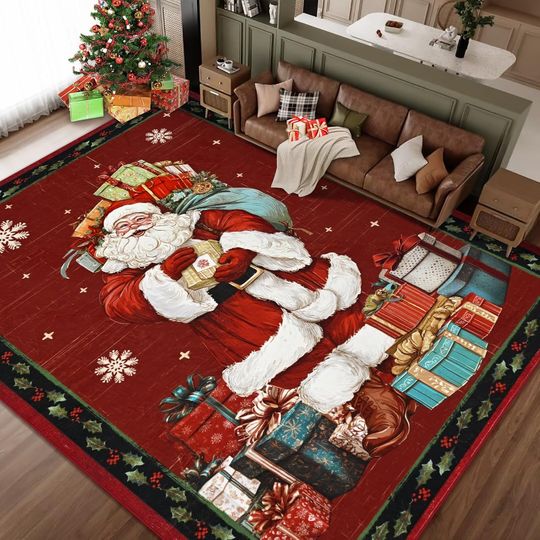 Discover ASPMIZ Christmas Area Rug 8x10, Santa Claus Rugs for Living Room, Washable Bedroom Rugs Non Slip, Soft Faux Wool Carpet Low-Profile Large Rug for Dining Room, Home Holiday Christmas Decorations, Red