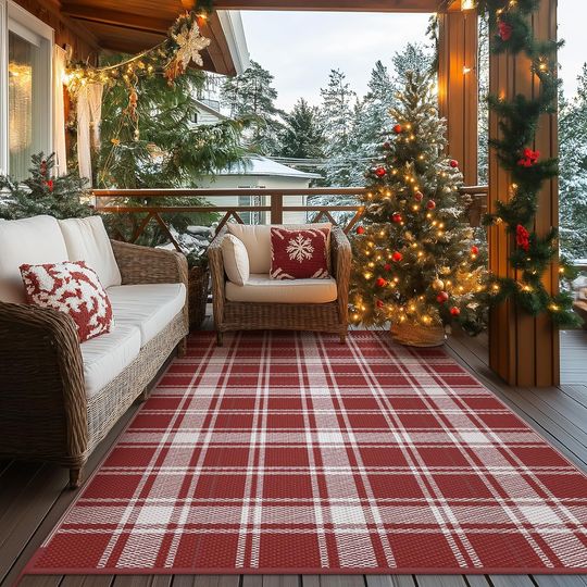Discover GENIMO Christmas Outdoor Rug for Patio, 5'x8' Waterproof Reversible Plastic Straw Rugs, Lightweight RV Camping Mat for Camper, Balcony, Deck, Backyard, Picnic, Red & White