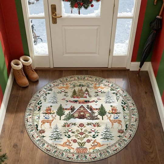 Discover jinchan Round Christmas Rug for Entryway Bedroom 4ft Circle Holiday Rug for Living Room Printed Christmas Tree and Cabin 4' Winter Xmas Decor Washable Indoor Carpet for Foyer Non-Slip Green on Beige