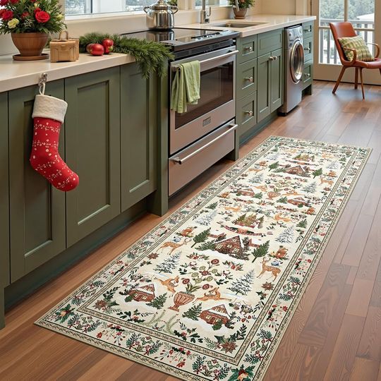 Discover jinchan Christmas Runner Rug 3x8 for Kitchen Holiday Rug for Hallway Kitchen Christmas Tree and Cabin Printed Winter Xmas Decor Washable Runner for Entryway Bedroom Non-Slip Green on Beige