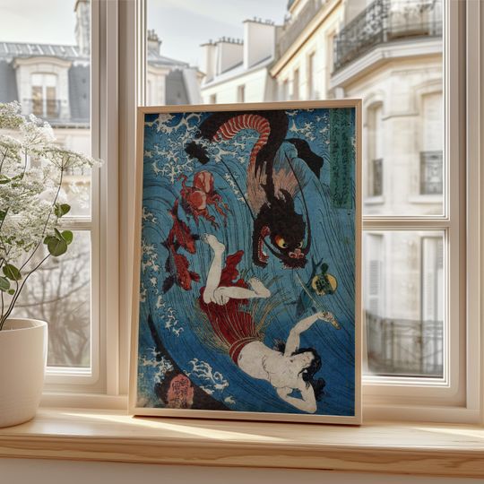 Utagawa Kuniyoshi Tamatori And Dragon King Poster - Japanese Ukiyo-e Mythology Art Print For Wall Decor, Japanese Print, Japan Lover Gft