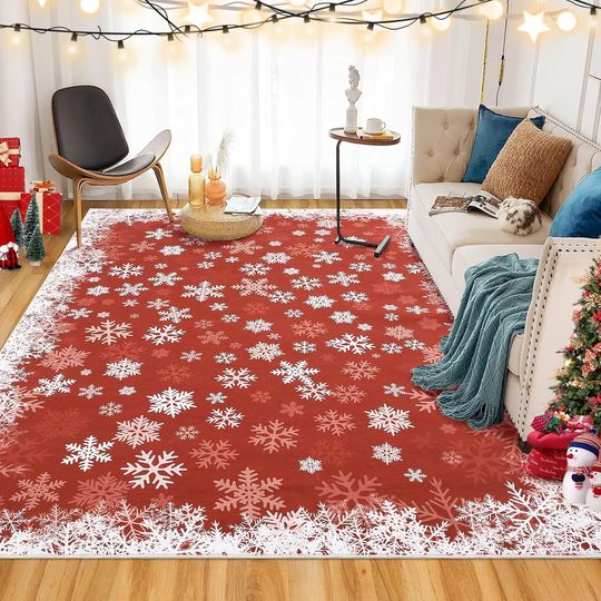 Discover GarveeHome Christmas Rug 5x7 Snowflake Winter Area Rug Non-Slip Backing, Stain Resistant Ultra-Thin Washable Rug for Christmas Decor, Red